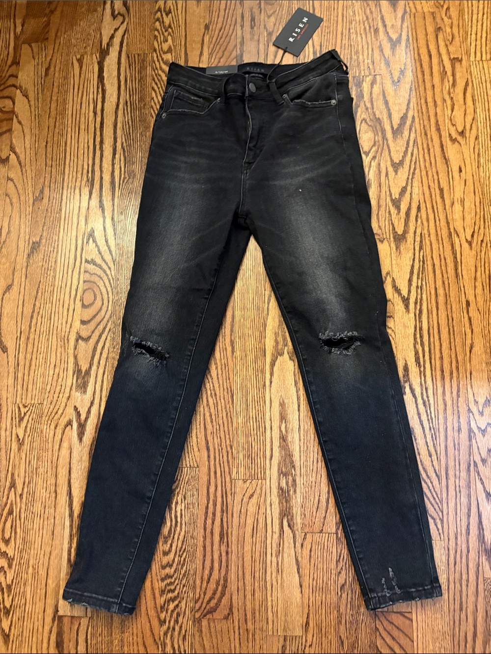 Risen High-Rise Black Distressed Skinny Jeans - Women's